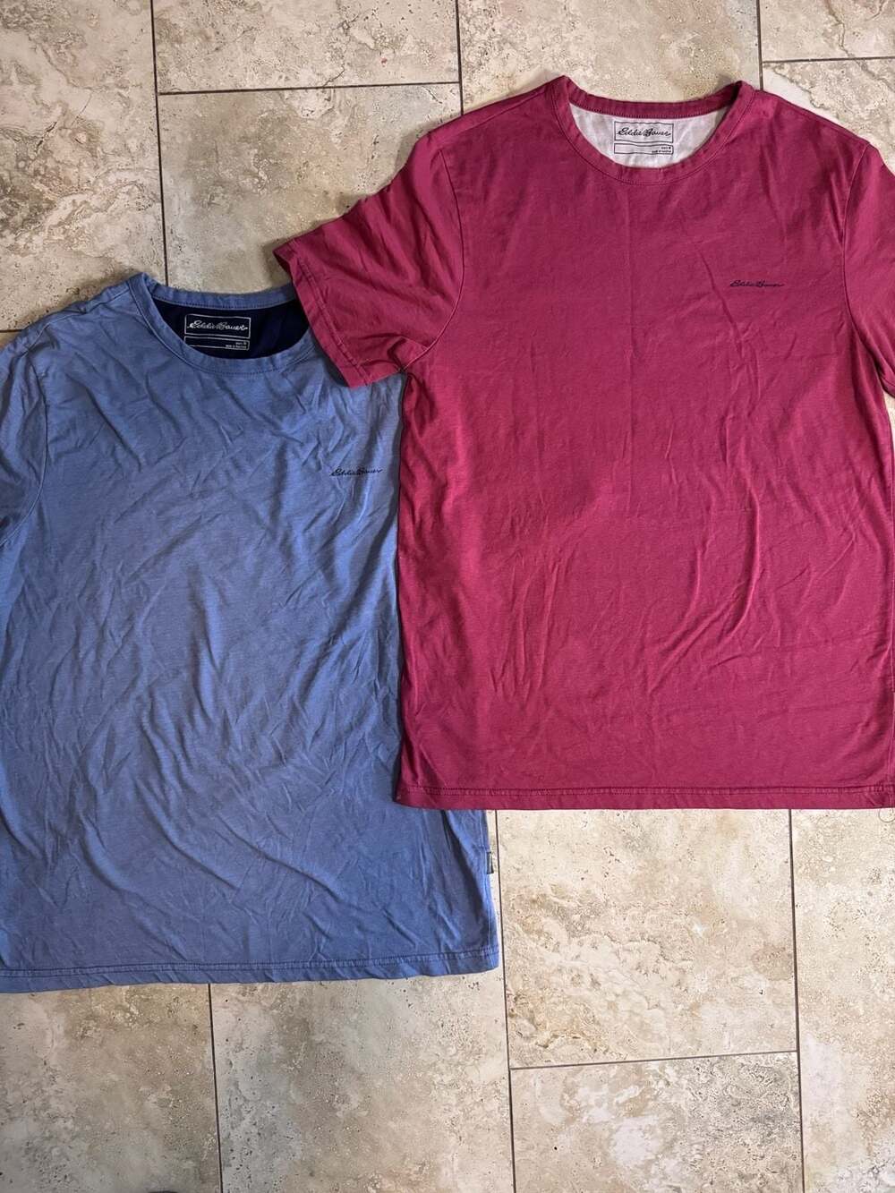 Eddie Bauer Men's Crew Neck Short Sleeve Logo T-Shirts, Set of 2 (Blue and Red)